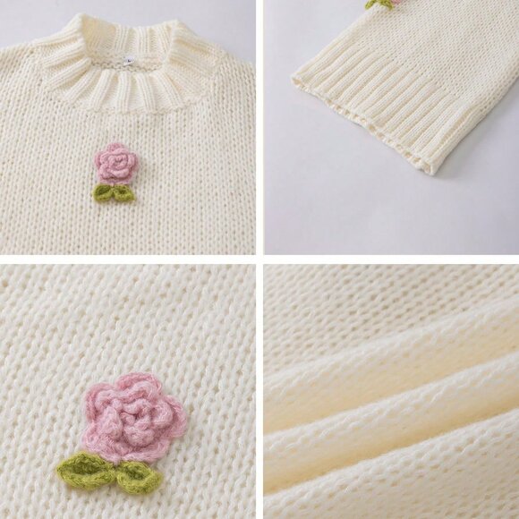 Casual Women's Loose Lovely Knit Long Sleeve Sweater detailed with roses design - Picture 2 of 10